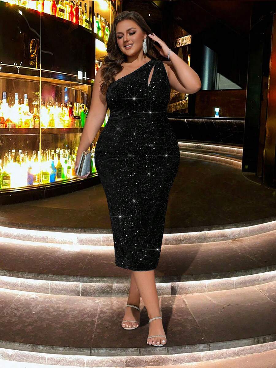 CHOSMO新款蓝色不对称亮片舞会礼服，修身无肩带优雅晚礼服，女士婚礼派对礼服，优雅奢华针织高腰长裙，闪亮正式礼服黑色春季 - 黑色 - 查看 1