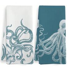 Aqua Teal Coastal Octopus Decor Dish Hand Tea Towels For Bathroom Kitchen, Octopus Ocean Nautical Beachy Bathroom Decor, Coastal Nautical Kitchen Towels And Dishcloths Sets Of 2, 16x24 Inch - 藍綠章魚 - 查看 1