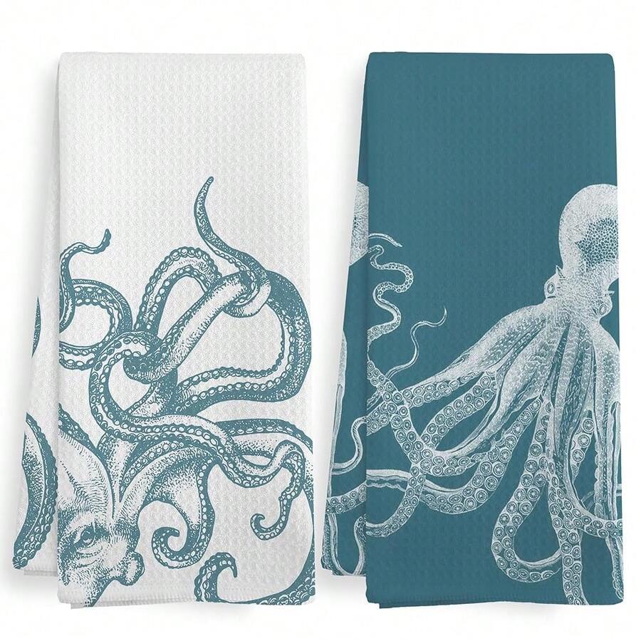 Aqua Teal Coastal Octopus Decor Dish Hand Tea Towels For Bathroom Kitchen, Octopus Ocean Nautical Beachy Bathroom Decor, Coastal Nautical Kitchen Towels And Dishcloths Sets Of 2, 16x24 Inch - 藍綠章魚 - 查看 1