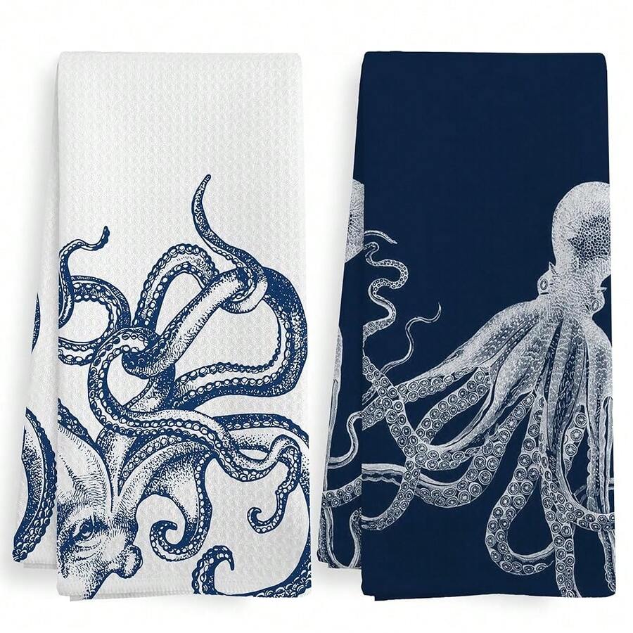 Coastal Octopus Beach Decor Dish Hand Tea Towels For Bathroom Kitchen, Octopus Ocean Nautical Beachy Bathroom Decor, Coastal Nautical Kitchen Towels And Dishcloths Sets Of 2, 16x24 Inches - 藍章魚 - 查看 1