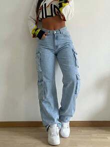 Women's Y2K High Waist Multi-Pocket Distressed Straight Leg Cargo Jeans - Light Wash - View 2