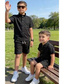 Boys' Linen Outfit With Mandarin Collar. - Black - View 1