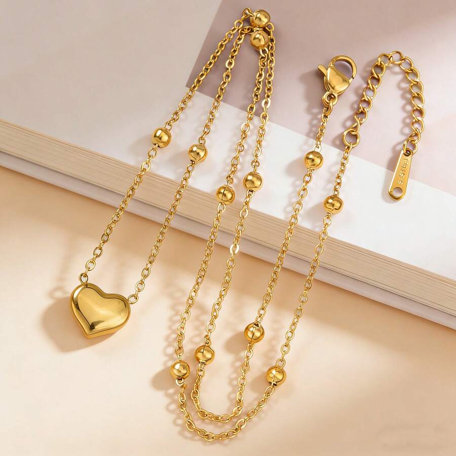 Fashionable Cute Golden Pearl Heart Pendant Necklace, Suitable For Women's Daily Commute, Dating, Gift - Gold - View 1