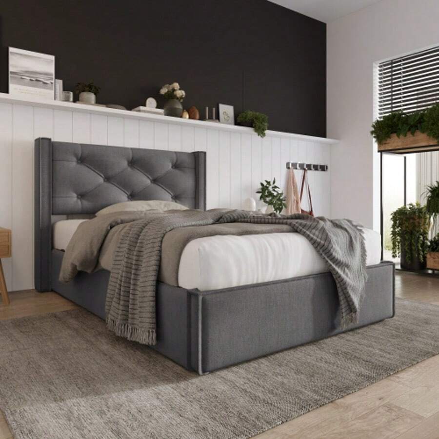 Upholstered Hydraulic Single Bed 90x200cm, Slatted Bed With Metal Frame, Modern Bed Frame With Storage Space, Cotton, Grey (With Mattress) - Grey - View 1