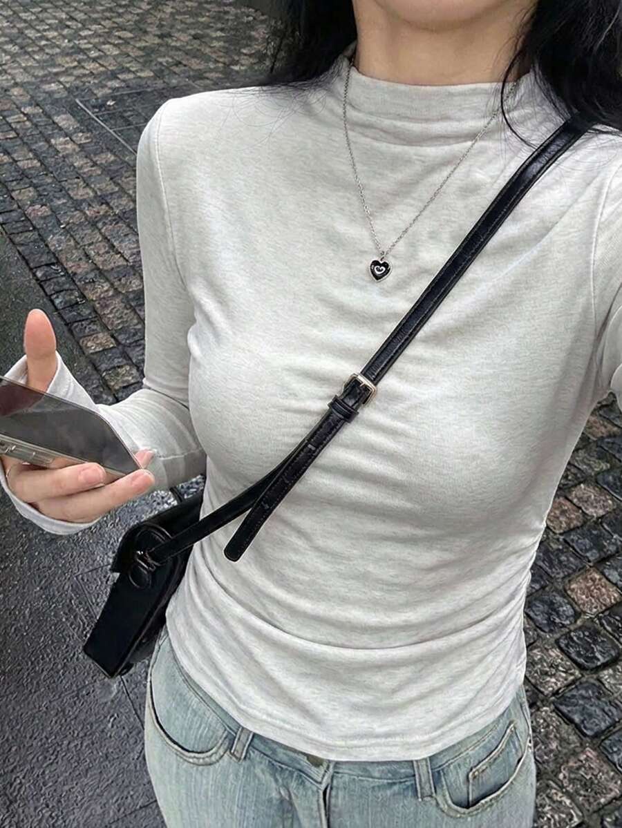 Turtleneck Long Sleeve T-Shirt, Elegant & Slim Fit Women's Top For Spring & Autumn - 037 White Flower Gray - View 1