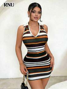RNU 女士露脐上衣，Y2K 音乐节夜店修身弹力面料，露肩设计，休闲条纹风格，显瘦 V 领夏季度假装，迷彩条纹百搭无袖连衣裙，适合春夏穿着 - 彩色 - 查看 1