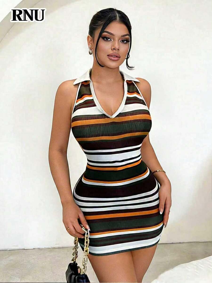 RNU 女士露脐上衣，Y2K 音乐节夜店修身弹力面料，露肩设计，休闲条纹风格，显瘦 V 领夏季度假装，迷彩条纹百搭无袖连衣裙，适合春夏穿着 - 彩色 - 查看 1