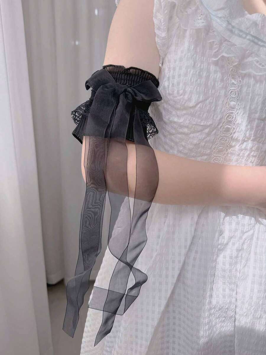 1 Pair Women's Lace Trim Delicate Bowknot Long Ribbon Sleeve Cuffs, Suitable For Daily Wear, Dates And Outings - Black - View 1