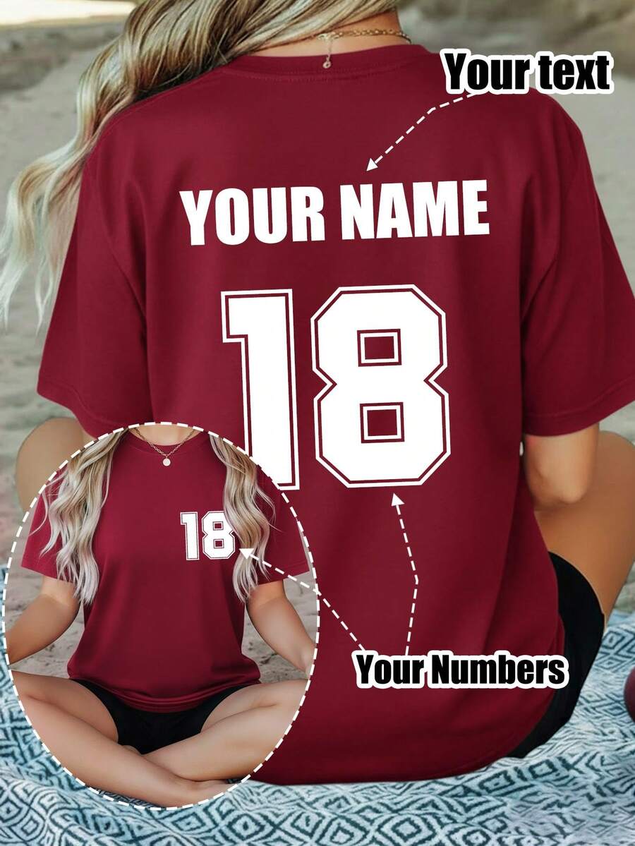 Customized Plus Size Women's T-Shirt, Can Print Personalized Numeric Logo, Name/Text/Lucky Number On Front And Back Summer - Burgundy - View 1