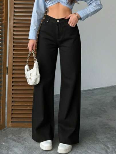 Women's Waist Buckle Design Pockets Loose Wide Leg Casual Denim Jeans