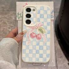 1pc TPU Checkerboard Cherry Pattern Phone Case Compatible With Samsung A15/A14/A13/A12/S24/S23/S22/S21/S20/S10/A72/A73/A71/A50/A53/A52/A32/A31/A05S - White - View 1