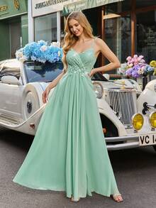 Elegante vestido de dama de honor de gasa con parches de lentejuelas, vestido de invitada de boda para bodas, eventos, cenas y ocasiones formales. Vestido largo de fiesta de unicolor con tirantes de espagueti, espalda descubierta y abertura para mujer, primavera - verde menta - Ver 6