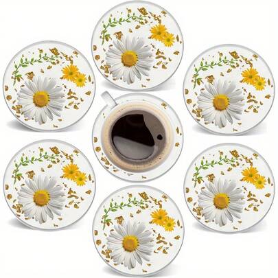 6pcs/Set Round Wooden Coasters - Spring/Summer Floral Print Design, 2D Flat Printing - Heat Resistant Drink Coasters, Ideal For Home And Office Decor | Perfect For Coffee Tables, Desks, Kitchens, Tabletops | Great For Mother's Day, Valentine's Day, Wedding Season, Birthday Parties | Decorative Tableware