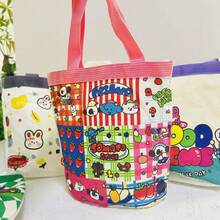 可爱涂鸦水桶包卡通手提袋，INS印花圆筒帆布午餐包，女孩手提午餐盒包 - A - 查看 10