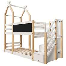 (=AB30307123W) Bunk Bed 90*200, Children's Bed In Treehouse Style With Chalkboard, Storage And Fall Protection, Children's Loft Bed – 2 Slatted Bed Bases – Natural And White (Without Mattress) - White - View 7