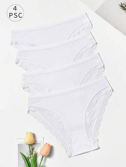 4pcs Women's White Striped Panties, Lace Trim Design, Breathable Fabric, High Elasticity, Comfortable And Sweat-Absorbent