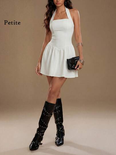 White Sleeveless High Neck Mini Dress, Square Neck Design, Fitted Waist, A-Line Flared Skirt, Elegant & Fashionable Style Suitable For Evening Party, Date, Casual Walk, Bar