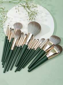 14pcs Professional Haze Green Makeup Brush Set, Soft Synthetic Hair Brushes, Create Airy Makeup Look, Complete Green Nature-Inspired Makeup Tool Collection, Cruelty-Free, Vegan, Suitable For Foundation, Powder, Blending, Eyeshadow - Green - View 1