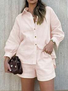 Women's Casual Distinctive Minimalist Bright Yellow Cardigan And Shorts 2 Pieces Set, Autumn/Winter - Baby Pink - View 4