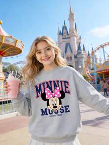 1pc Disney Minnie Mouse Classic Iconic Graphic Tween Girl Effortless Casual Style Sweatshirt, Skin-Friendly & Low-Maintenance For Errands & Casual Hangouts - Grey - View 2