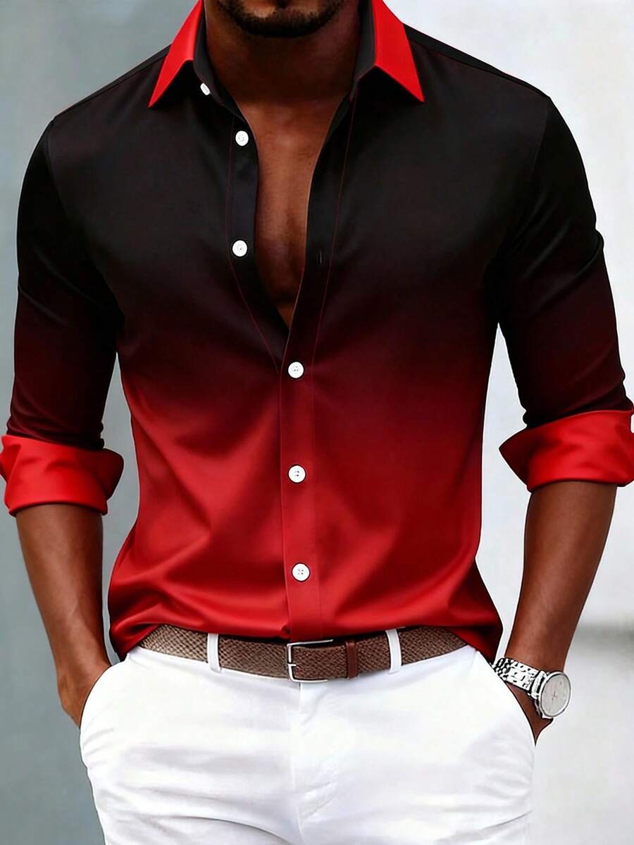 Casual Ombre Print Oversized Loose Lightweight Button-Up Long Sleeve Shirt For Men - Red - View 1