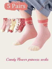5双女童可爱中筒袜，甜美粉色，适合春季、秋季及所有季节 - 彩色 - 查看 2