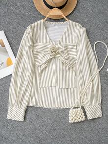 女士法式V领条纹3D蝴蝶结长袖衬衫，新款春夏轻薄防晒衬衫 - 米黃色 - 查看 10