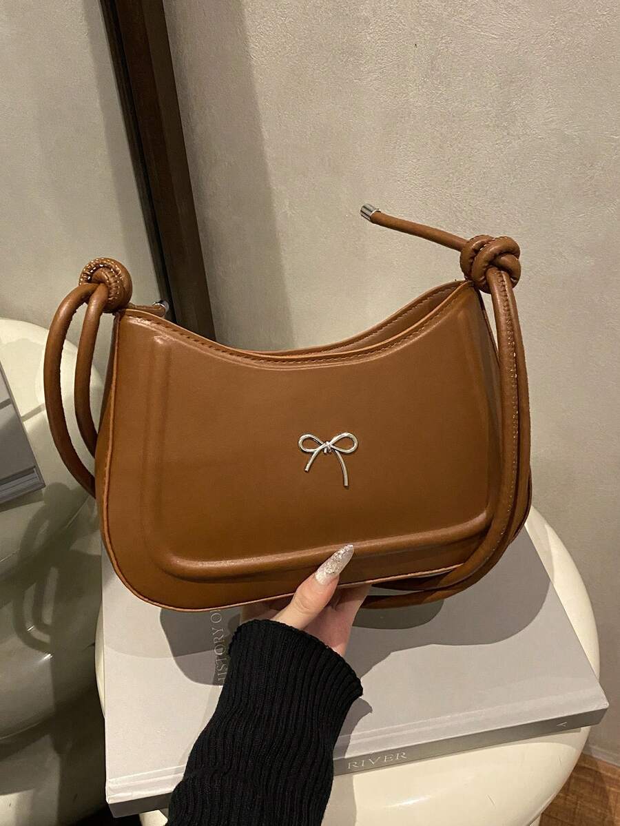 Fashionable Crease Bowknot Crescent Bag, Chic Crossbody Bag, Unique Design Minimalist Clutch Purse - Brown - View 1