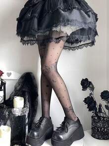 1双女士透明音符印花连裤袜，洛丽塔和哥特美学风格紧身裤，适合另类风格服装 - 黑色 - 查看 3