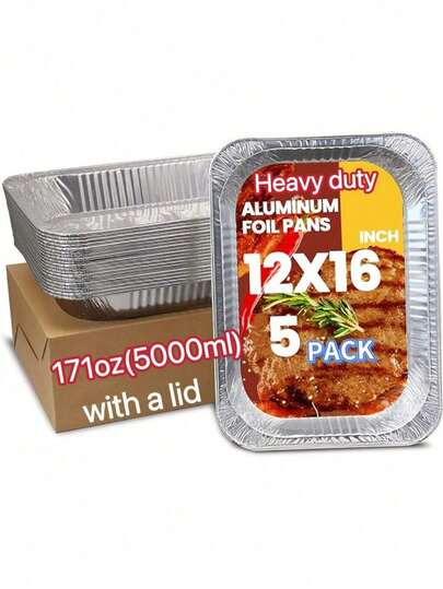 5个特大号加厚铝箔烤盘，带盖，加厚加深，超大容量，适合节日派对、家庭聚会、户外烧烤等场合。