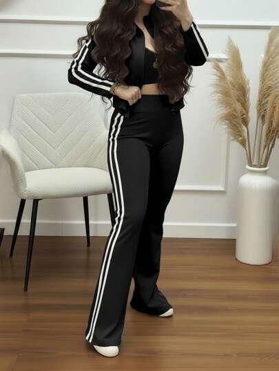 Conjunto de chándal casual de 2 piezas para primavera/otoño, con una chaqueta de cremallera de cuello alto a rayas y pantalones rectos a rayas, conjunto de yoga ligeramente elástico para un ajuste elegante y delgado en color negro
