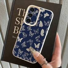 1pc TPU Material Shiny Blue Base Butterfly Full Print Fashionable Phone Case Suitable For Samsung/A05s/A12/A13/A14/4G/A15/A21s/A23/A25/A32/5G/A34/A35/A50s/A51/A52/A53/A54/A55/A71/A72/A73/S10/S20FE/S20Ultra/S21Ultra/S22/S22Plus/S23/S24, Redmi/10C/12C/Note10/11/12/13/ProPlus/Note8/9Pro, Shockproof Soft Protective Cover - White - View 3
