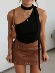 Chaleco de verano para mujer, sin mangas, con cuello halter, de un solo hombro, con estampado floral/de lunares y colores sólidos - Negro - Ver 2