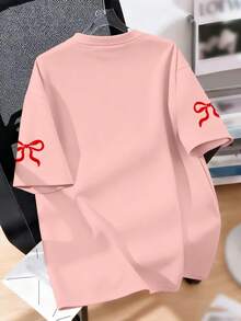 女童短袖T恤，饰有蝴蝶结和饮料图案，圆领设计，时尚可爱，必备时尚单品 - 粉色 - 查看 2