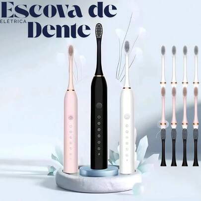 Kit 2 Escovas de Dente Elétricas Sônicas Recarregáveis IPX7 à Prova d'Água 7 Modos Ultrassônica / 8 Cabeças