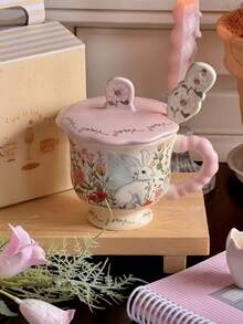 1 pièce Tasse en céramique avec couvercle et cuillère, décorée à la main avec un cygne, un lapin et une fée. Tasse à café latte artistique de style vintage français avec couvercle et cuillère. Tasse à avoine rétro pour le petit-déjeuner. Cadeau de haute qualité pour les amis et les amoureux. Convient pour les restaurants, les salons et les cafés. - Multicolore - Voir 5