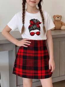 2pcs Y2K Aesthetic Girls Outfit, Red & Black Plaid + Graphic Tee + Plaid Skirt, Casual Streetwear, Birthday Party, Suitable For 8-12 Years Old - Red - View 1