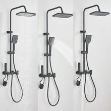 4 Funktionen Mattschwarzes Bad-Duscharmatur-Set Wandmontage Klaviertasten-Regenduschkopf mit Handbrause - Schwarz - Übersicht 5