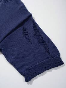 Top tricoté à col rond, manches courtes, style décontracté, ample, déchiré et délavé, style minimaliste streetwear, printemps/été, unisexe - Bleu azur - Voir 5