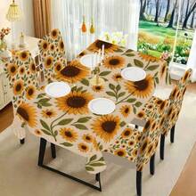 Conjunto de 1/4/5/6/7/36 peças de capas/almofadas para cadeiras com estampa de girassol e folhas verdes, da série Primavera/Verão. Ideal para uso interno em residências, restaurantes e hotéis, perfeito para uma decoração moderna e cotidiana. A toalha de mesa serve para mesas de jantar quadradas e a capa elástica para cadeira é lavável. - Multicolorido - Ver 17