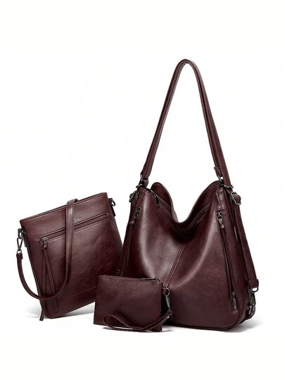 3pcs Set Classic Fashion Commuter Work Student Travel Multi-Color Solid PU Large Capacity Multi-Compartment Zipper Detachable Adjustable Shoulder Bag Backpack Tote Crossbody Briefcase Coin Purse, Suitable For Work, Outdoor, Daily Use, Unisex