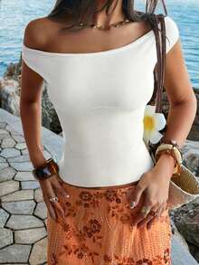 Y2K风格女士白色露肩针织上衣，性感修身短款上衣，度假和日常穿着必备单品 - 白色 - 查看 5