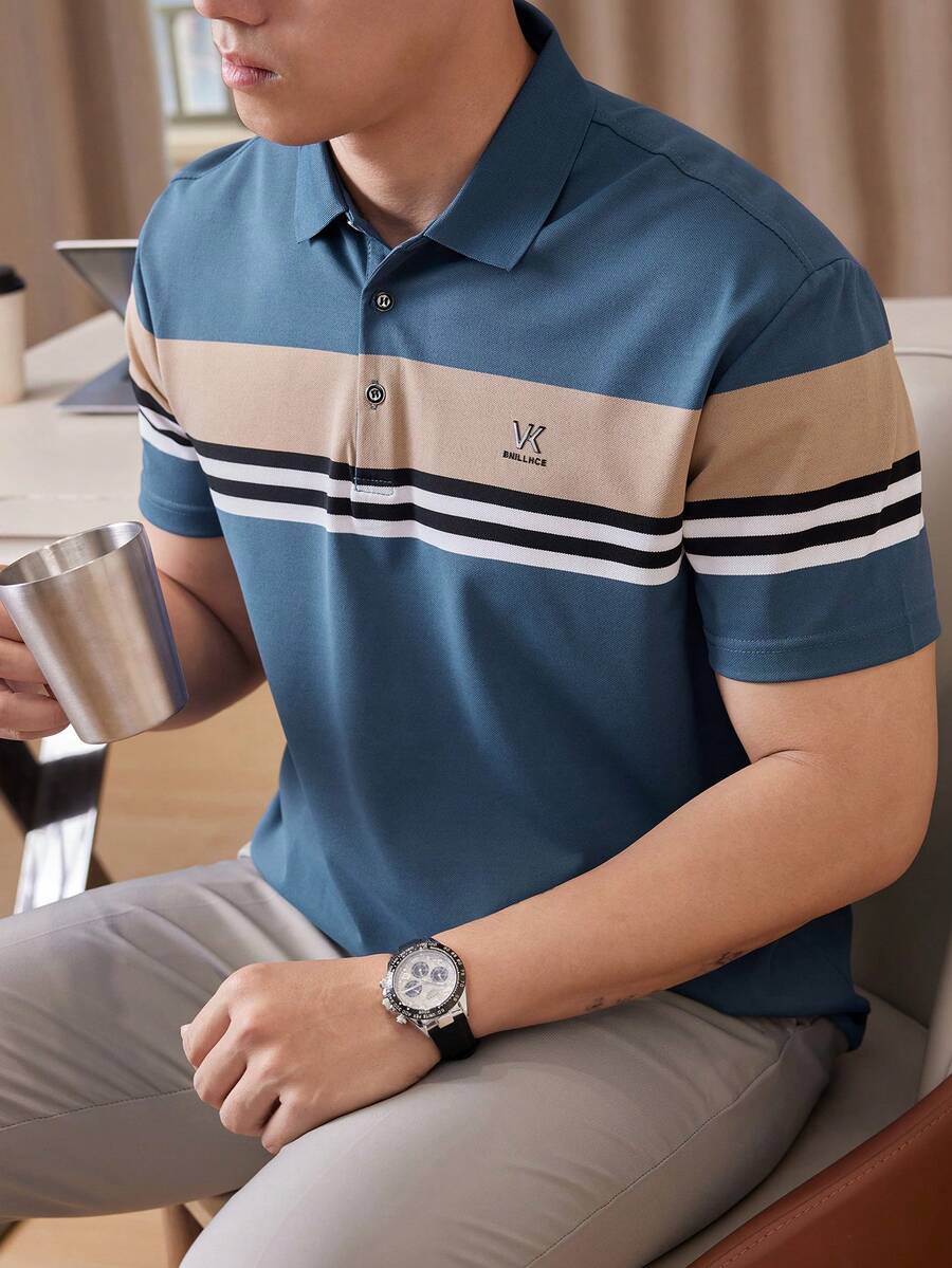 Men's Summer Short Sleeve Polo Shirt, Striped Collar, Casual Business Wear, Blue Half-Placket - Blue - View 1