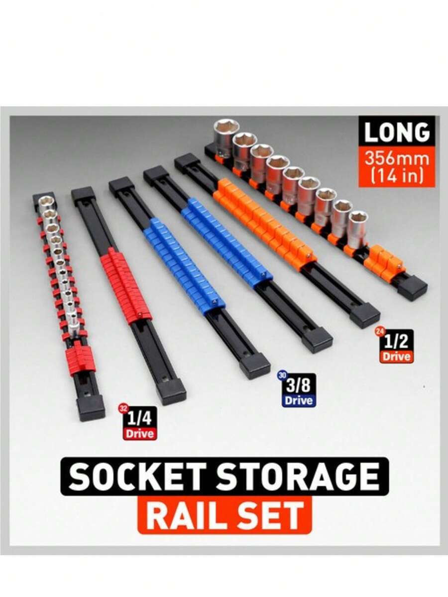 6Pc Socket Holder Set Rack Rail Mountable 86 Clips Tool Storage 1/4 3/8 1/2 - A - View 1