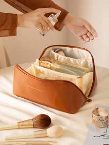 1 件棕色 PU 女士大容量化妆包，多功能便携式洗漱包，可用作旅行收纳包、化妆包、化妆包、度假收纳包、大容量化妆品收纳包化妆盒，可装口红、刷子、护肤品、手机、硬币、小物品，可用作家庭、礼物、度假和节日万圣节圣诞节多功能用途，波西米亚风，可用作假日海滩、浴室收藏、卧室收藏，大容量 - 棕色 - 查看 14