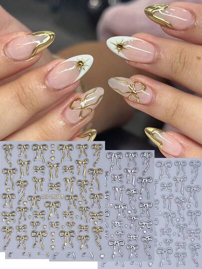 3 pegatinas de uñas con lazo metálico 5D en relieve, con forma de corazón bronceado, doradas y plateadas, con láser, para manicura, accesorios de salón.