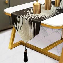 Black Table Runner 120 Inches Long Handmade Embroidery Modern Abstract Striped Pattern With Ring Stylish Tassels For Home Living Room Bedroom Dinner Room Kitchen Art Decor Than1ks 1giving - Hitam - View 1