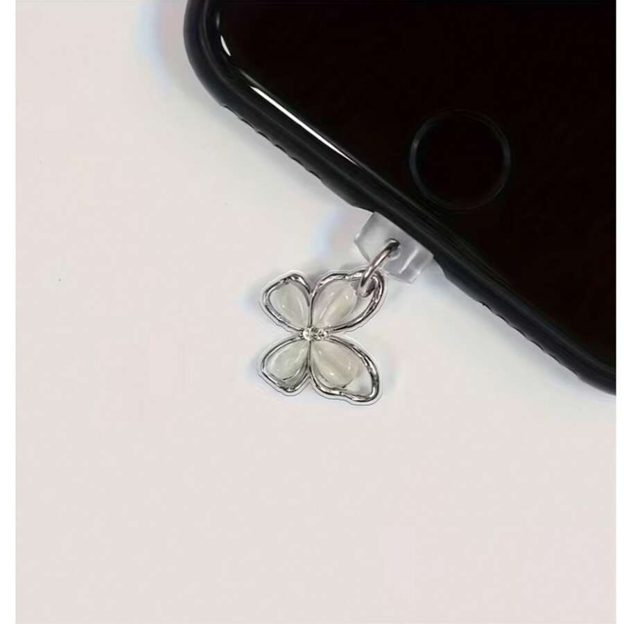 White Butterfly 2D Acrylic Pendant Phone Dust Plug, Compatible With Apple/Type-C Ports - Clear - View 1