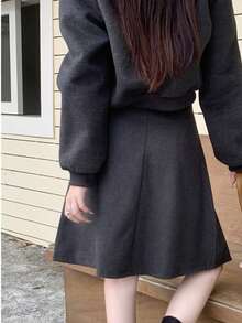 女士新款美式灰色羊毛褶裥A字裙，秋冬修身款 - 灰色 - 查看 8