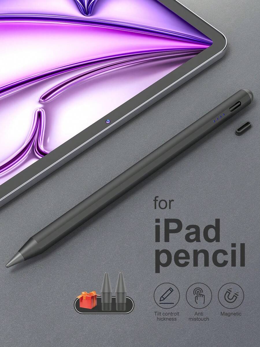 适用于 iPad (A16) 11 英寸第 11 代（2025 款）的触控笔，带 LED 电源指示灯，兼容 2018-2025 年款 iPad，可更换笔尖设计，兼容 iPad 6 (9.7 英寸)，配备 Type-C 充电线，兼容 iPad 第 10 代，双击顶部即可开机/关机，适用于 iPad 9/8/7 (10.2 英寸)、Air4/5/11 (M2/M3) 和 Pro 11 (2018/2020/2021/2022)，90mAh 电池，支持倾斜和加粗功能。